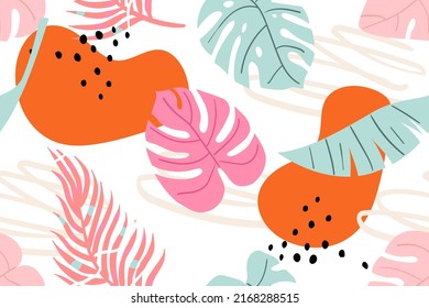 Vector colorful hand-drawn tropical seamless pattern. Modern print with tropical leaves, monstera, banana leaves, spots, dots and doodle. On a white background.