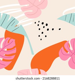 Vector colorful hand-drawn tropical seamless pattern. Modern print with tropical leaves, monstera, banana leaves, spots, dots and doodle.