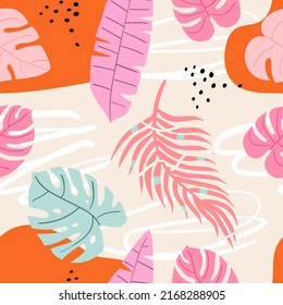 Patrón velero colorido, extraído a mano, tropical sin costuras. Impresión moderna con hojas tropicales, monstera, hojas de plátano, manchas, puntos y doodle.