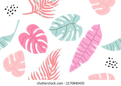 Patrón velero colorido, extraído a mano, tropical sin costuras. Impresión moderna con hojas tropicales, monstera, hojas de plátano y puntos.
