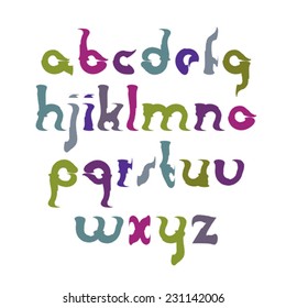 Vector colorful hand-painted comic letters isolated on white background, wavy lowercase art script, smudge childish font. 