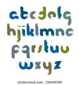 Vector colorful hand-painted letters isolated on white background, lowercase art script with brushstrokes, acrylic doodle alphabet.
