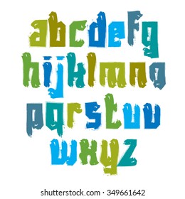 Vector colorful hand-painted letters isolated on white background, stroked lowercase art script.