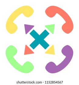 Vector colorful handset flat illustration with cross sign and arrows. Multi-channel phone customer service icon. 
