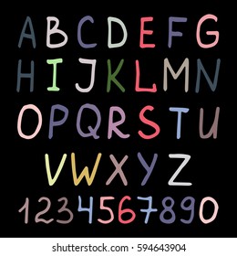 Vector colorful handwritten alphabet and numbers on black background