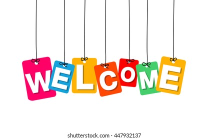 Vector colorful hanging cardboard. Tags - welcome