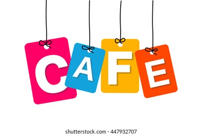 Vector colorful hanging cardboard. Tags - cafe