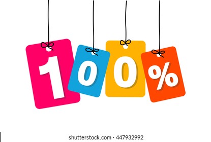 Vector colorful hanging cardboard. Tags - 100 percent