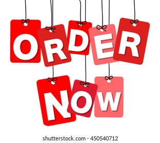 Vector colorful hanging cardboard. Tags - order now