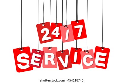 Vector colorful hanging cardboard. Tags - 24-7 service