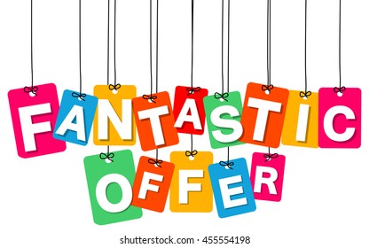 Vector colorful hanging cardboard. Tags - fantastic offer on white background