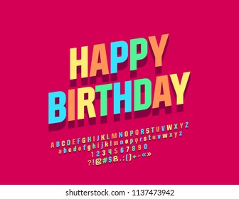 Vector Colorful Happy Birthday Greeting Card. Minimalistic Bright Font. Modern Alphabet Letters, Numbers and Symbols with Shadow