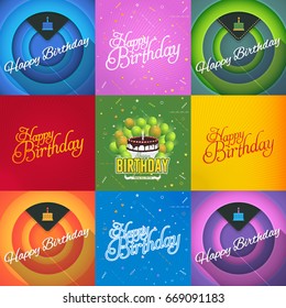 Vector Colorful Happy Birthday Message, Celebration, Greeting Card Design Set. Multicolored Congratulations Banner or Postcard Template