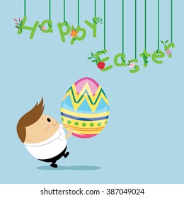Vector of Colorful Happy Easter greeting card with cute man holding egg