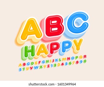 Vector colorful Happy Font. Cute Alphabet Letters and Numbers for Children.