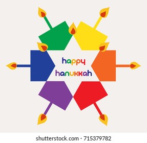 Vector - Colorful Happy hanukkah Jewish holiday greeting card with dreidels spinning tops and candles background. 