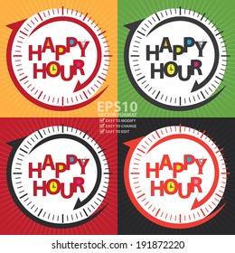 Vector : Colorful Happy Hour Sign or Label Isolated on White Background 