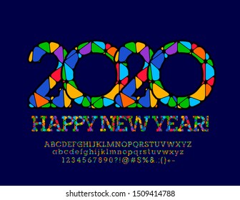 Vector Colorful Happy New Year 2020 Greeting Card. Bright Alphabet Letters, Numbers and Symbols. Mosaic Font