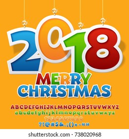 Vector colorful Happy New Year greeting card with children toys 2018. Bright Font contains Graphic Style. Alphabet letters, Symbols and Numbers