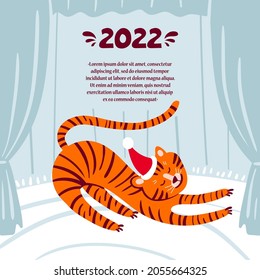 Vector colorful with happy tiger. Cartoon poster on the theme of Happy New Year, Merry Christmas