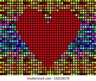 vector colorful heart made of small square pixels