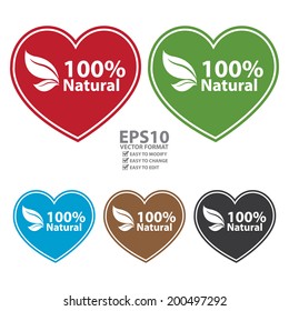 Vector : Colorful Heart Shape 100 Percent Natural Icon, Sticker or Label Isolated on White Background