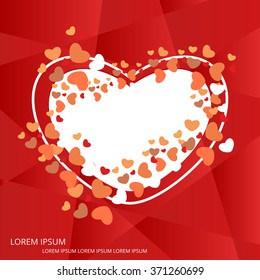 Vector colorful hearts on red gradient field in origami style