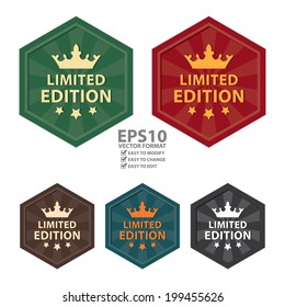 Vector : Colorful Hexagon Shape Vintage Style Limited Edition Icon, Sticker, Badge or Label Isolated on White Background