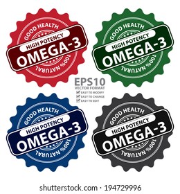 Vector : Colorful High Potency Omega-3, Good Health, 100 Percent Natural Icon, Label, Sticker, Stamp or Badge Isolated on White Background 