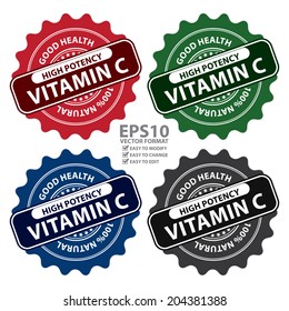 Vector : Colorful High Potency Vitamin C, Good Health, 100 Percent Natural Icon, Label, Sticker, Stamp or Badge Isolated on White Background 