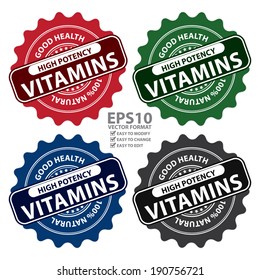 Vector : Colorful High Potency Vitamins, Good Health, 100 Percent Natural Icon, Label, Sticker, Stamp or Badge Isolated on White Background