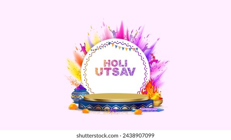 Vector colorful holi festival background with podium stage design and holi utsav text.