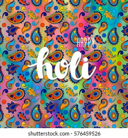 vector colorful holiday background with hand drawn words happy holi and traditional indian pattern