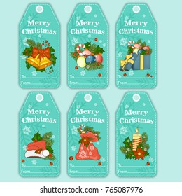 Vector colorful holiday gift tags and outline label set. Merry Christmas and Happy New Year greeting cards. Line illustration of snowflakes and xmas tree.