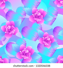 Vector colorful holographic seamless pattern with pink flower jasmine on abstract background with iridescent circles and hearts.
