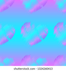 Vector colorful holographic seamless pattern with slant iridescent violet and pink destroyed heart on abstract background.