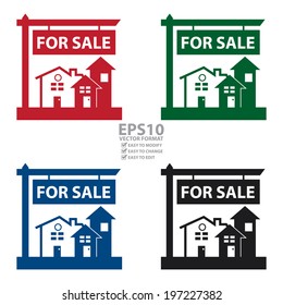 Vector : Colorful Home, Apartment, Building, Condominium Or Real Estate For Sale Sign Icon, Sticker Or Label Isolated On White Background 