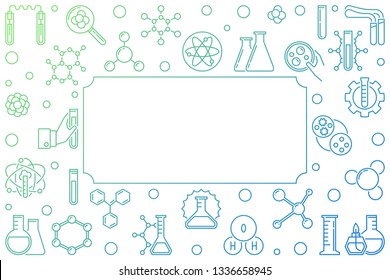 Vector colorful horizontal frame with Chemistry icons in thin line style. Chemical concept background
