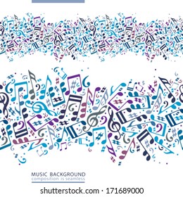 Vector colorful horizontal music canvas, seamless tape with striped musical notes on white background. 