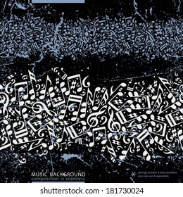 Vector colorful horizontal music canvas, seamless tape with striped musical notes on black choppy background. 
