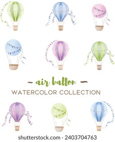 Vector colorful hot air balloon designs in various watercolor styles for graphic designs and cards