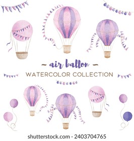 Vector colorful hot air balloon designs in various watercolor styles for graphic designs and cards