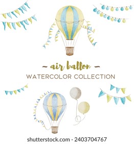 Vector colorful hot air balloon designs in various watercolor styles for graphic designs and cards