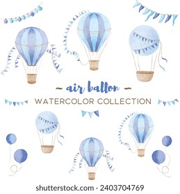 Vector colorful hot air balloon designs in various watercolor styles for graphic designs and cards