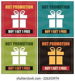 Vector : Colorful Hot Promotion Buy 1 Get 1 Free Label, Icon, Sticker, Brochure, Leaflet or Poster