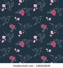 Vector colorful hummingbirds seamless pattern on dark navy blue background with pink flowers. Ideal for fabric, textiles, wallpaper and print on demand products.