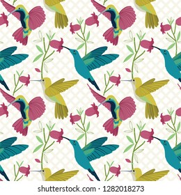 Vector colorful hummingbirds seamless pattern on light geometric background with tropical flowers. Ideal for fabric, textiles, wallpaper and print on demand products.