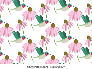 Vector colorful hummingbirds seamless pattern on white background. Ideal for fabric, textiles, wallpaper and print on demand products.