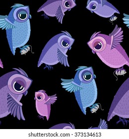 vector colorful hunting owls with mouses seamless pattern