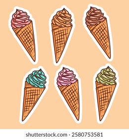 Vector colorful ice cream in a cone, different flavours, summer stickers 